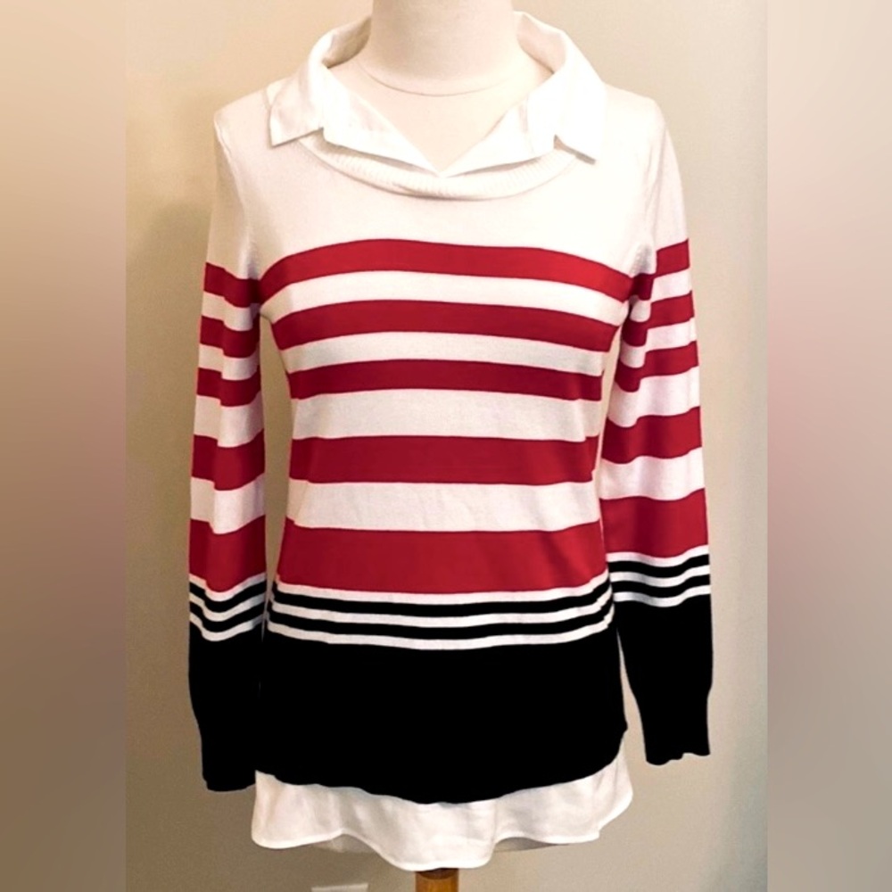 Calvin Klein Black Red White Striped SZ S Preppy Designer Casual Chic Sweater